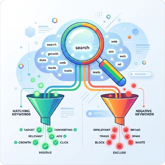 Keyword matching and negative keyword funnel illustration