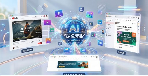 PMax AI ad engine illustration
