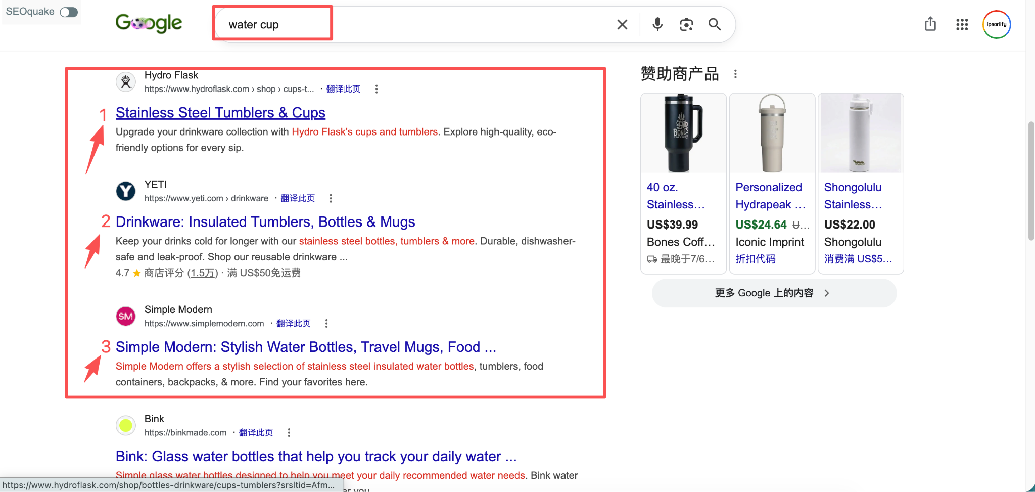 Google 自然排名搜索结果示意图