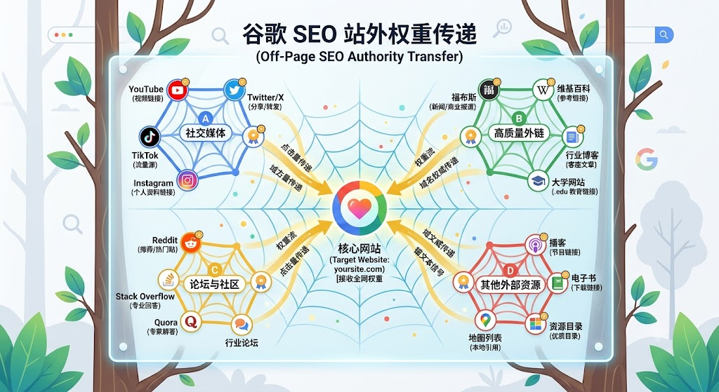 谷歌 SEO 站外权重传递示意图